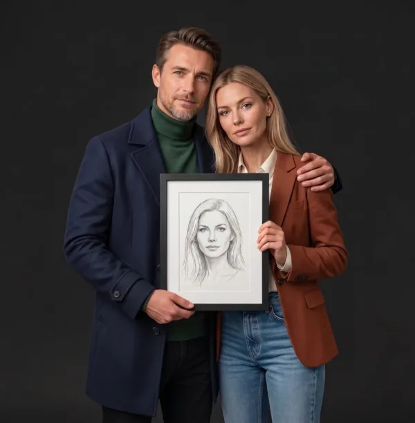 Couple in their thirties holding a soulmate sketch