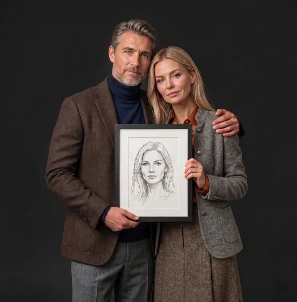 Older couple holding a soulmate sketch